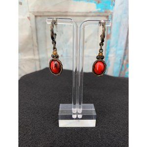 Red Coral Half Hoop, Post Style Earrings (pair)   Red, Metal   Metal, Red Coral